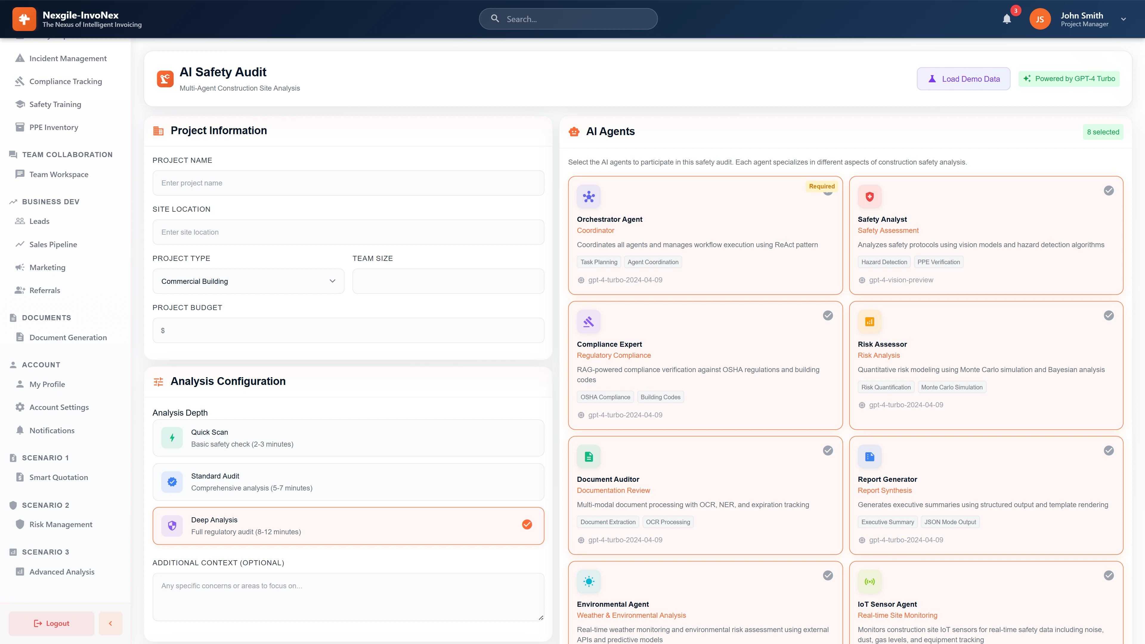 AI Safety Audit Configuration - Project details form with analysis depth options (Quick Scan/Standard/Deep Analysis) and 8 selectable AI agents for specialized safety assessments.